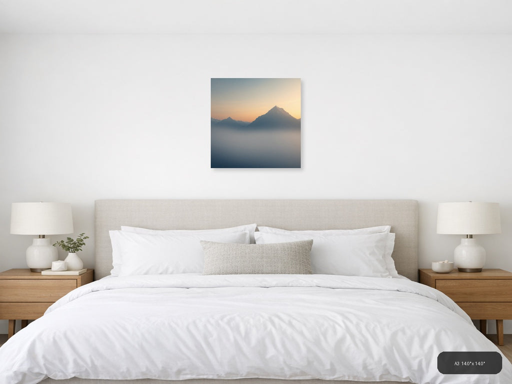 Misty Mountain Peak Minimalist Sunrise Wall Art — A3 / Bedroom