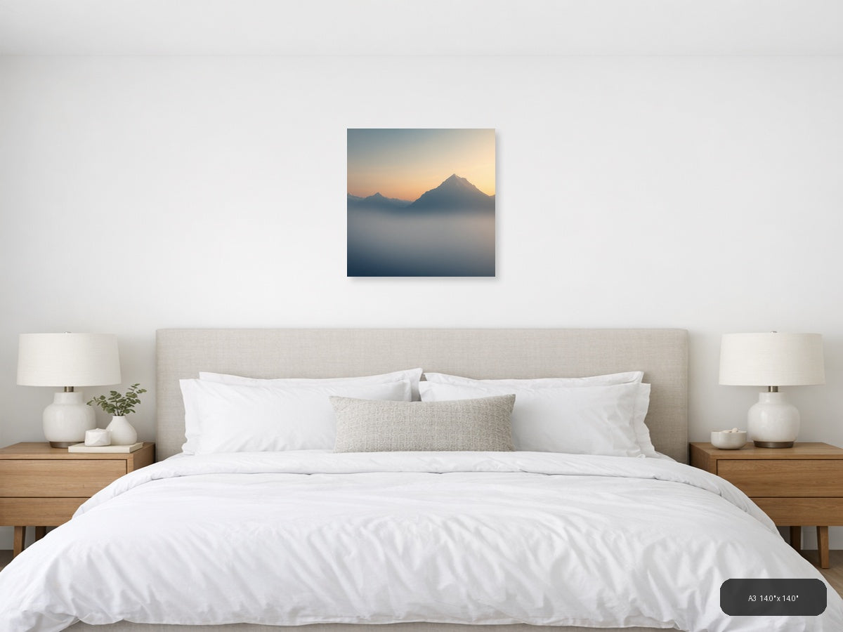 Misty Mountain Peak Minimalist Sunrise Wall Art — A3 / Bedroom