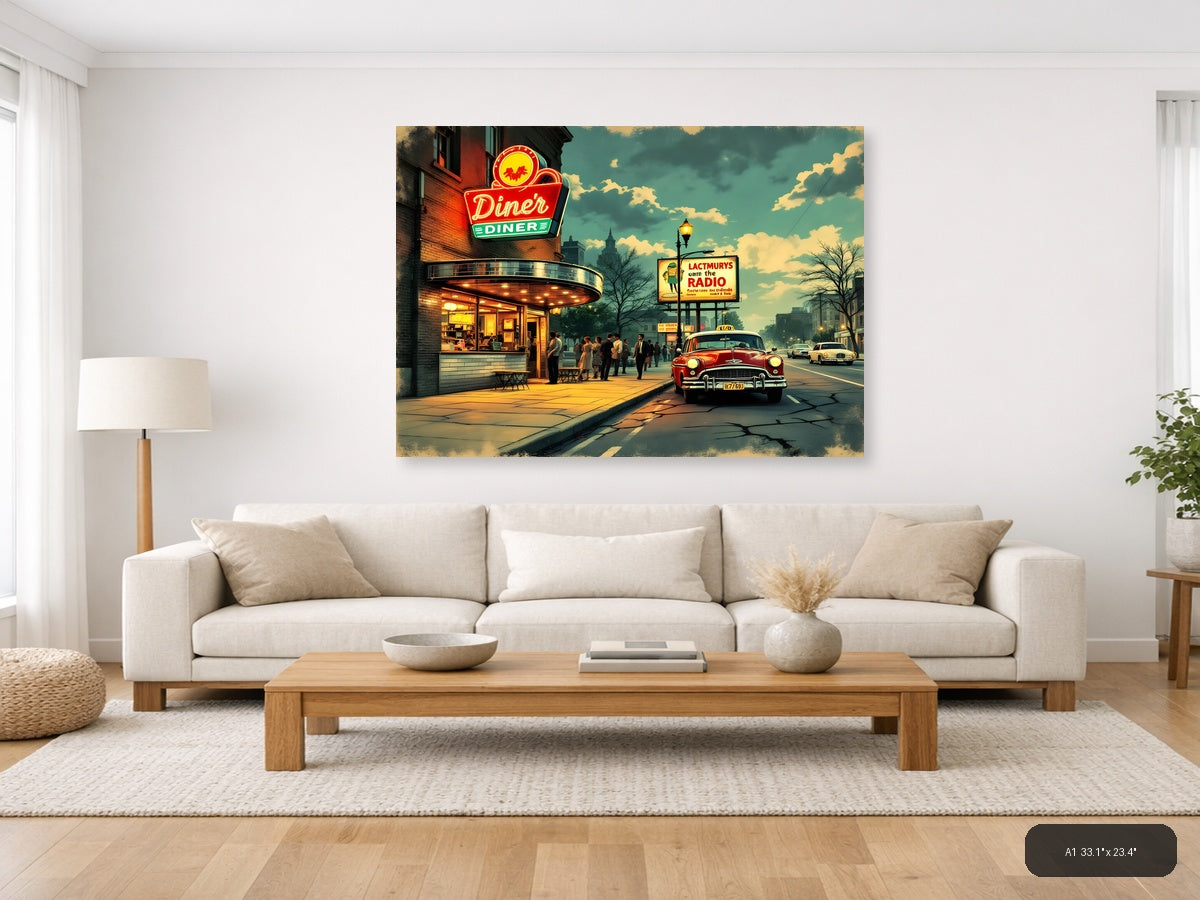 Vintage Diner Street Scene Retro Americana Wall Art — A1 / Living Room