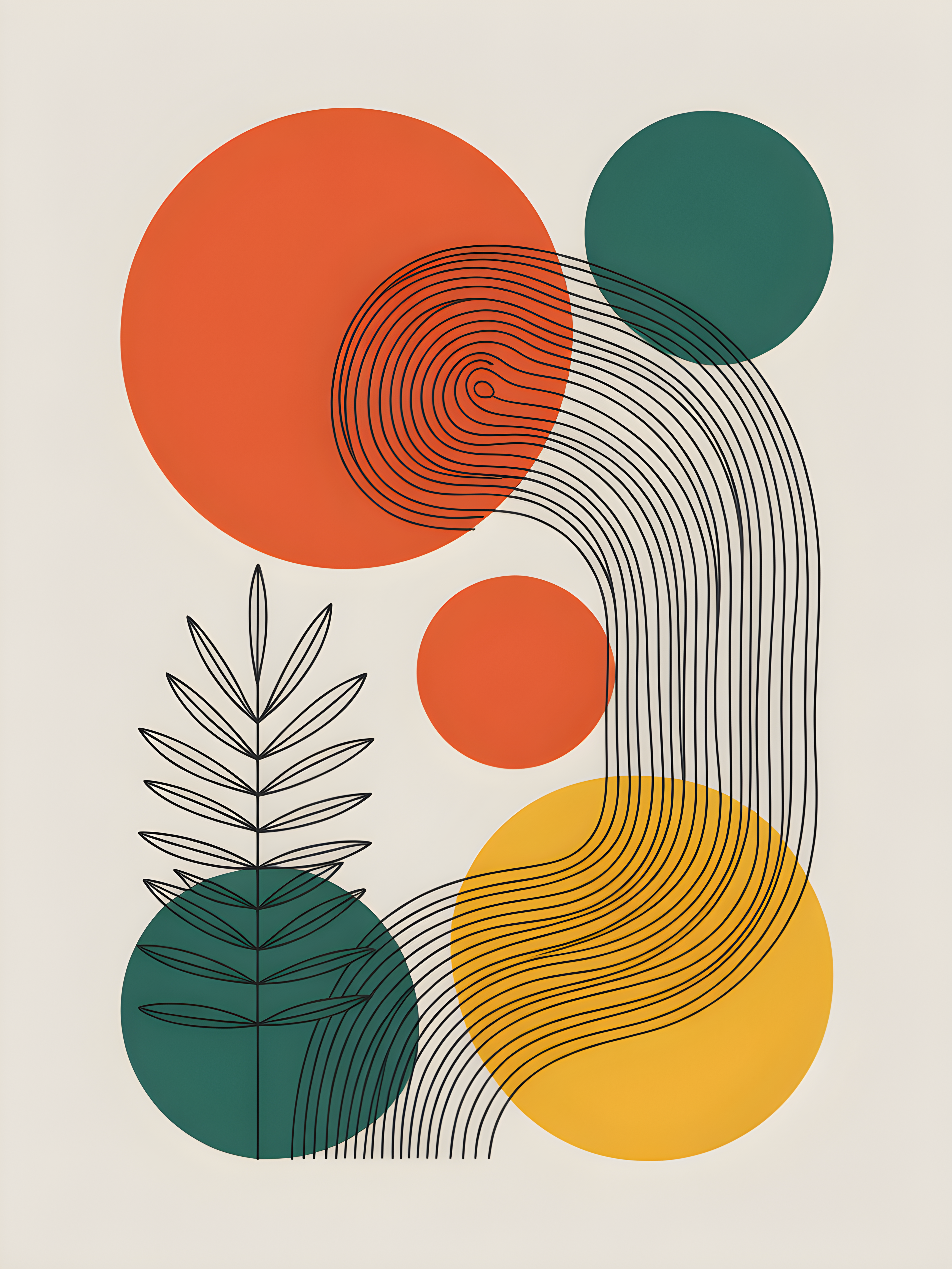 Abstract Line Art with Geometric Circles and Plants Wall Art
