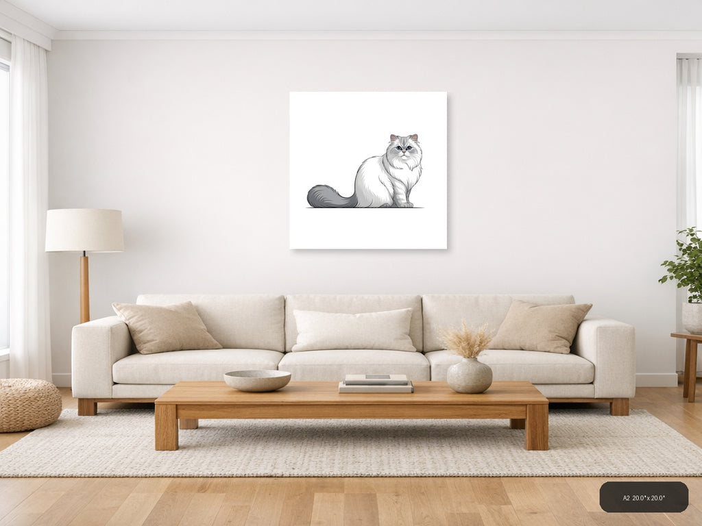 Gray and White Persian Cat Portrait Minimalist Wall Art — A2 / Living Room
