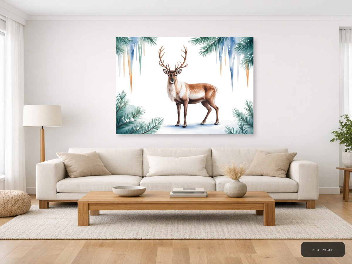 Winter Reindeer with Pine Branches Watercolor Wall Art — A1 / Living Room