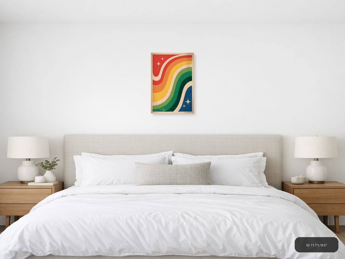 Vintage Rainbow Wave with Stars Portrait Wall Art — A3 / Bedroom
