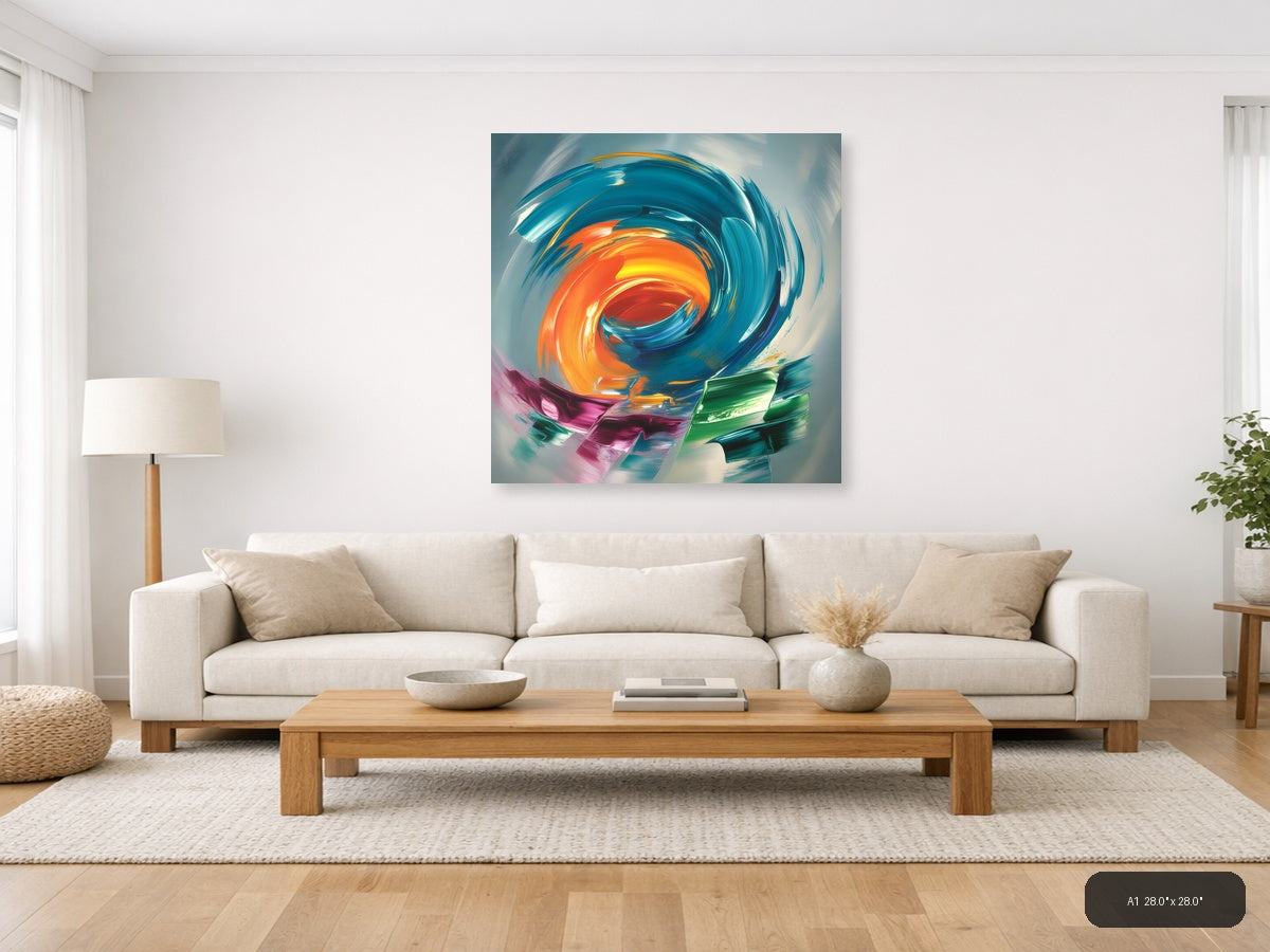 Vibrant Spiral Abstract Orange & Teal Canvas Wall Art — A1 / Living Room