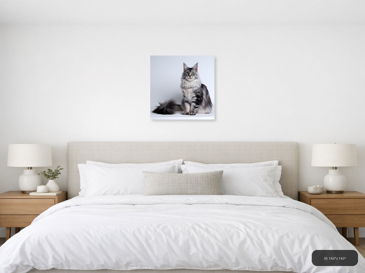 Gray Tabby Cat with Green Eyes Minimalist Wall Art — A3 / Bedroom
