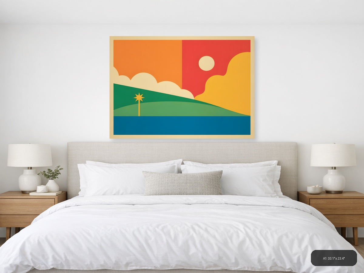 Vintage Sunset Landscape with Palm Tree Wall Art — A1 / Bedroom