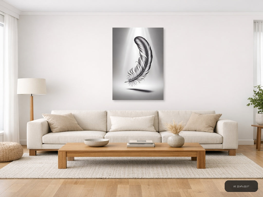 Detailed Feather Line Art Drawing - Minimalist Wall Art — A1 / Living Room