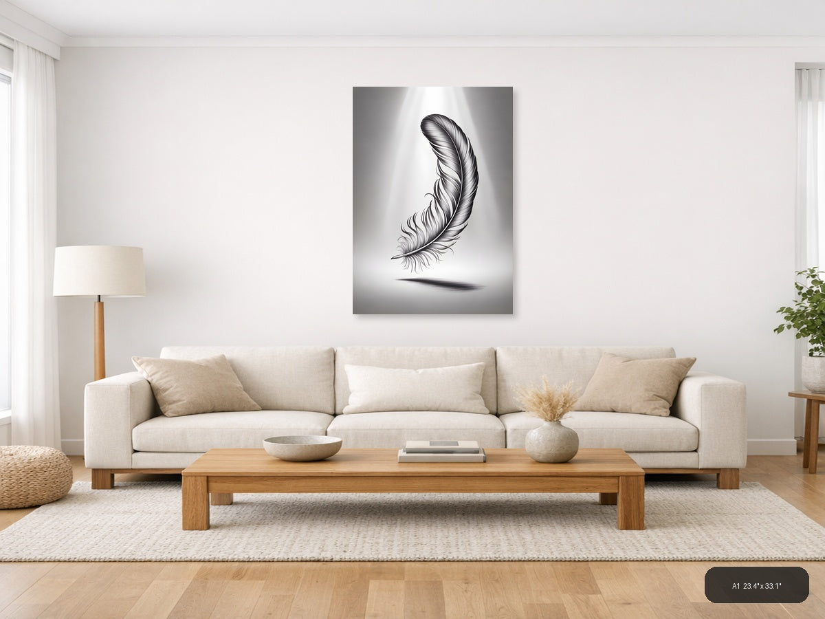 Detailed Feather Line Art Drawing - Minimalist Wall Art — A1 / Living Room