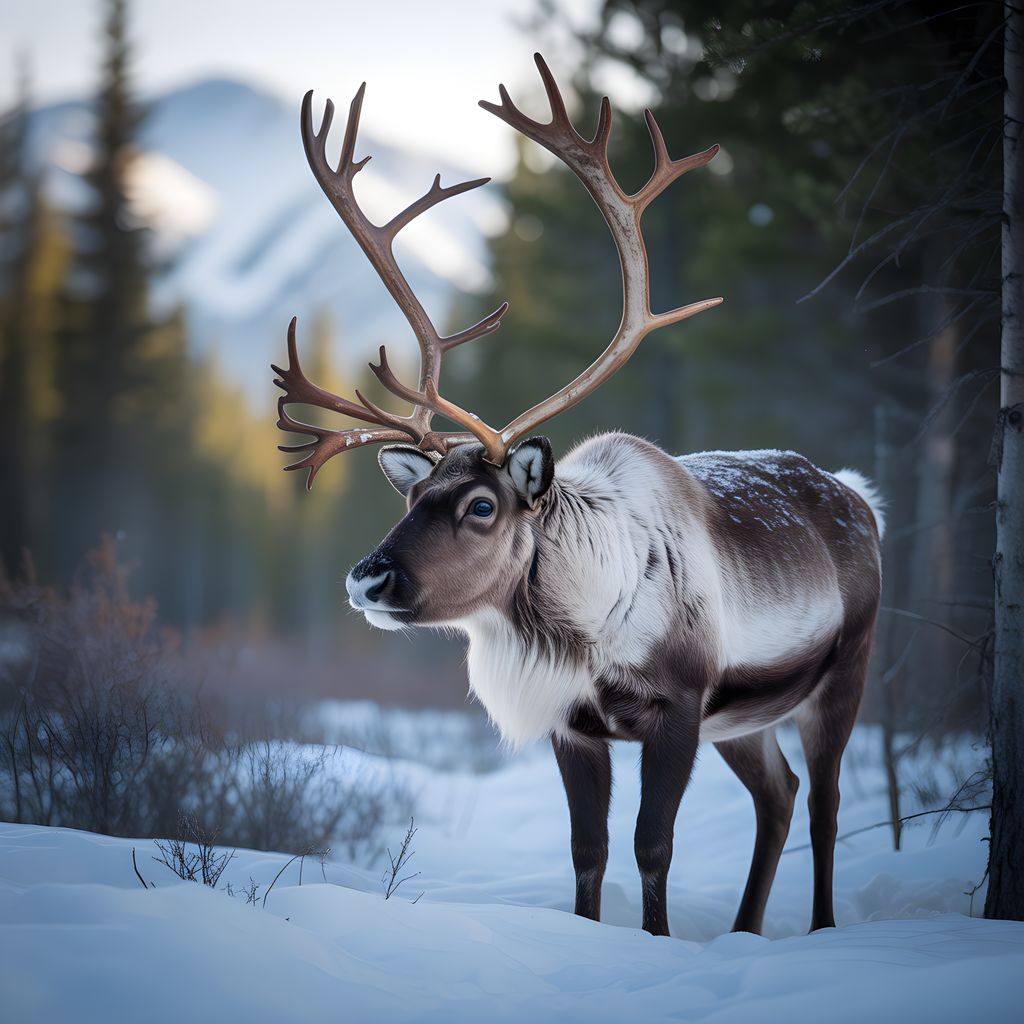 Majestic Reindeer in Snow Winter Forest Photography Wall Art