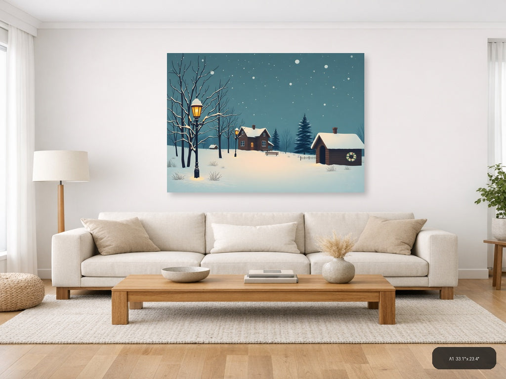 Vintage Winter Cottage Snow Scene Landscape Wall Art — A1 / Living Room
