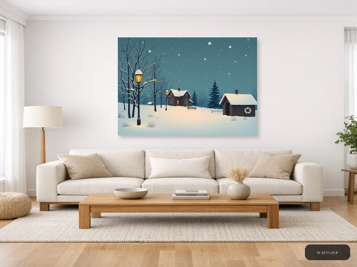 Vintage Winter Cottage Snow Scene Landscape Wall Art — A1 / Living Room