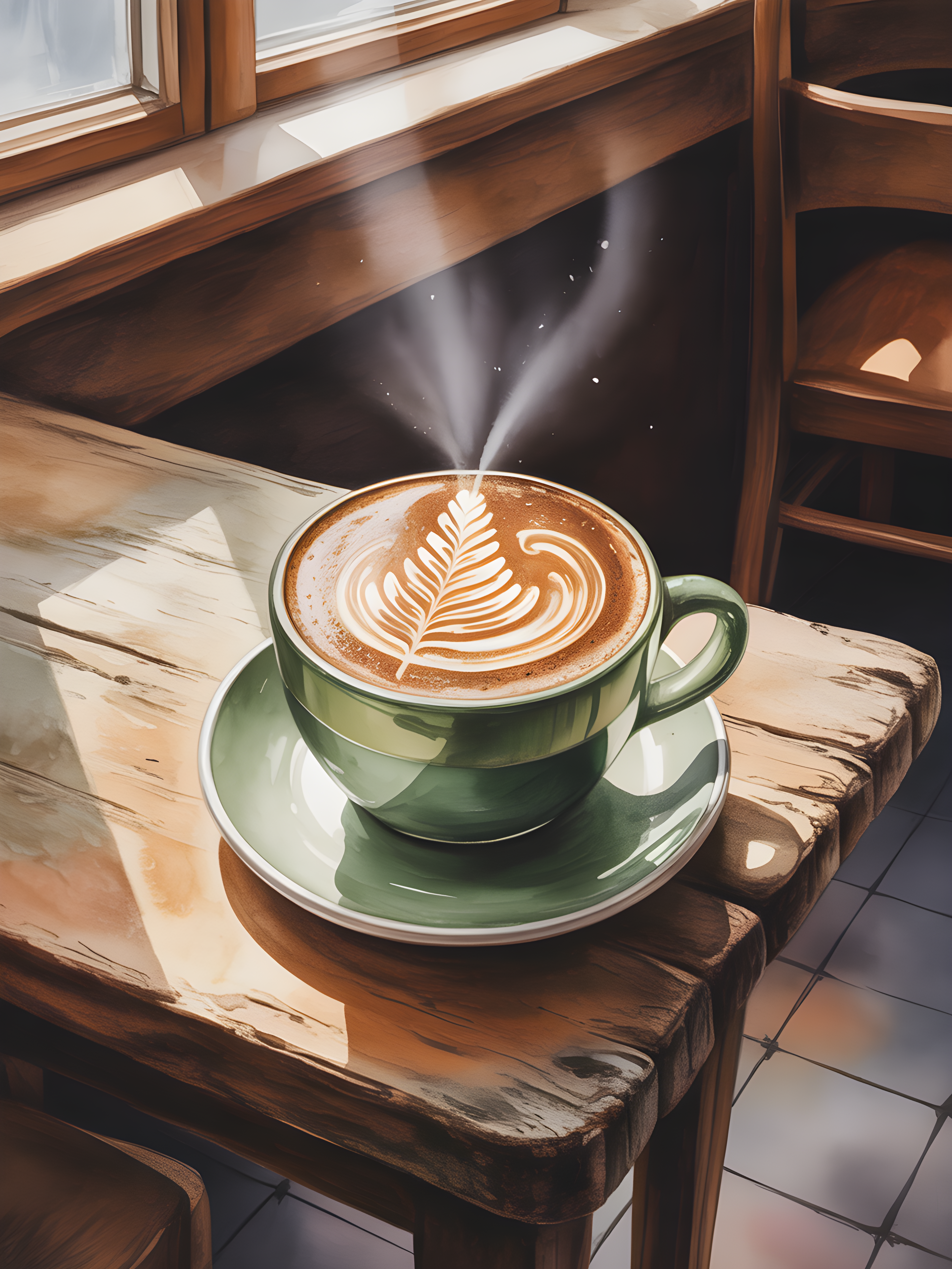 Green Coffee Cup Latte Art Watercolor Wall Art