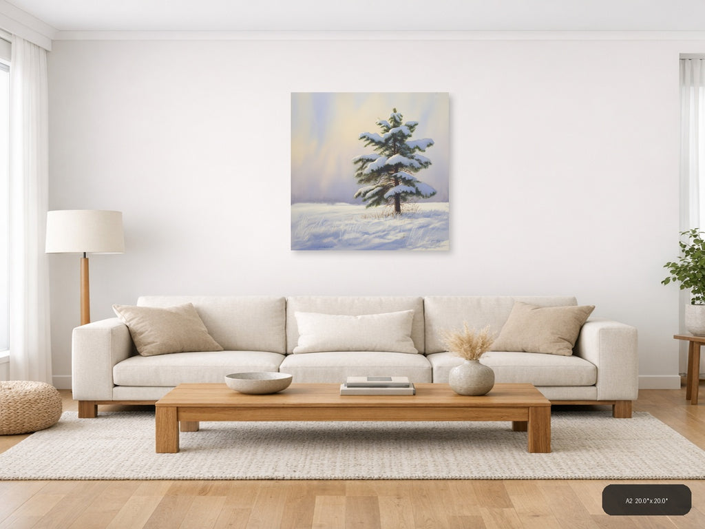 Snow-Laden Pine Tree Winter Landscape Watercolor Wall Art — A2 / Living Room