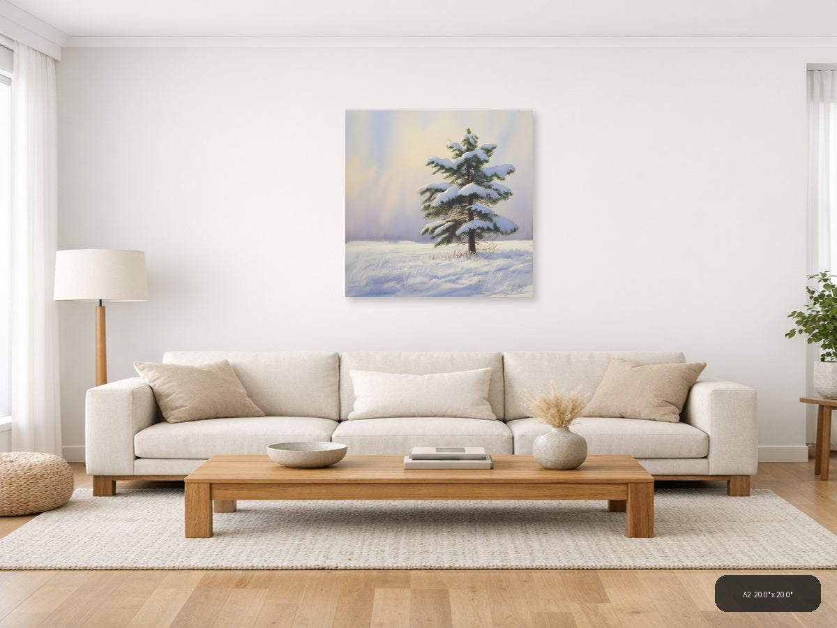 Snow-Laden Pine Tree Winter Landscape Watercolor Wall Art — A2 / Living Room