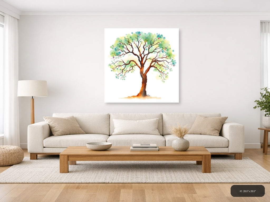 Watercolor Tree with Green Foliage Wall Art — A1 / Living Room