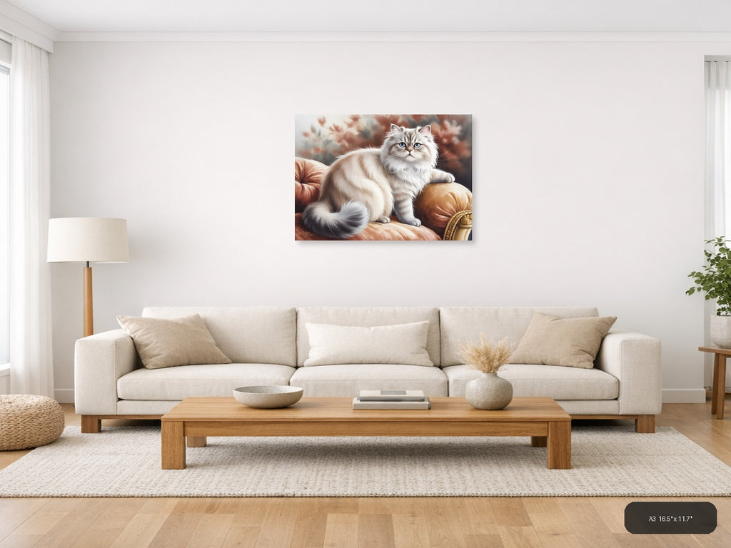 Fluffy White Cat on Red Cushion Watercolor Wall Art — A3 / Living Room