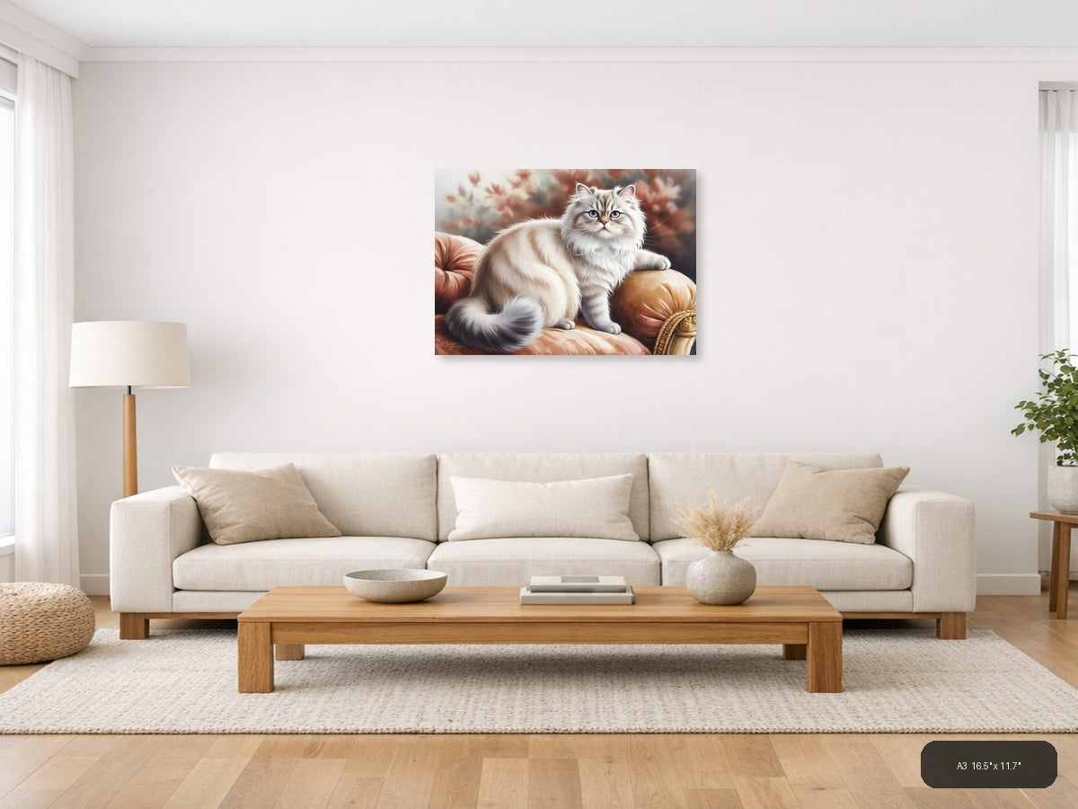 Fluffy White Cat on Red Cushion Watercolor Wall Art — A3 / Living Room