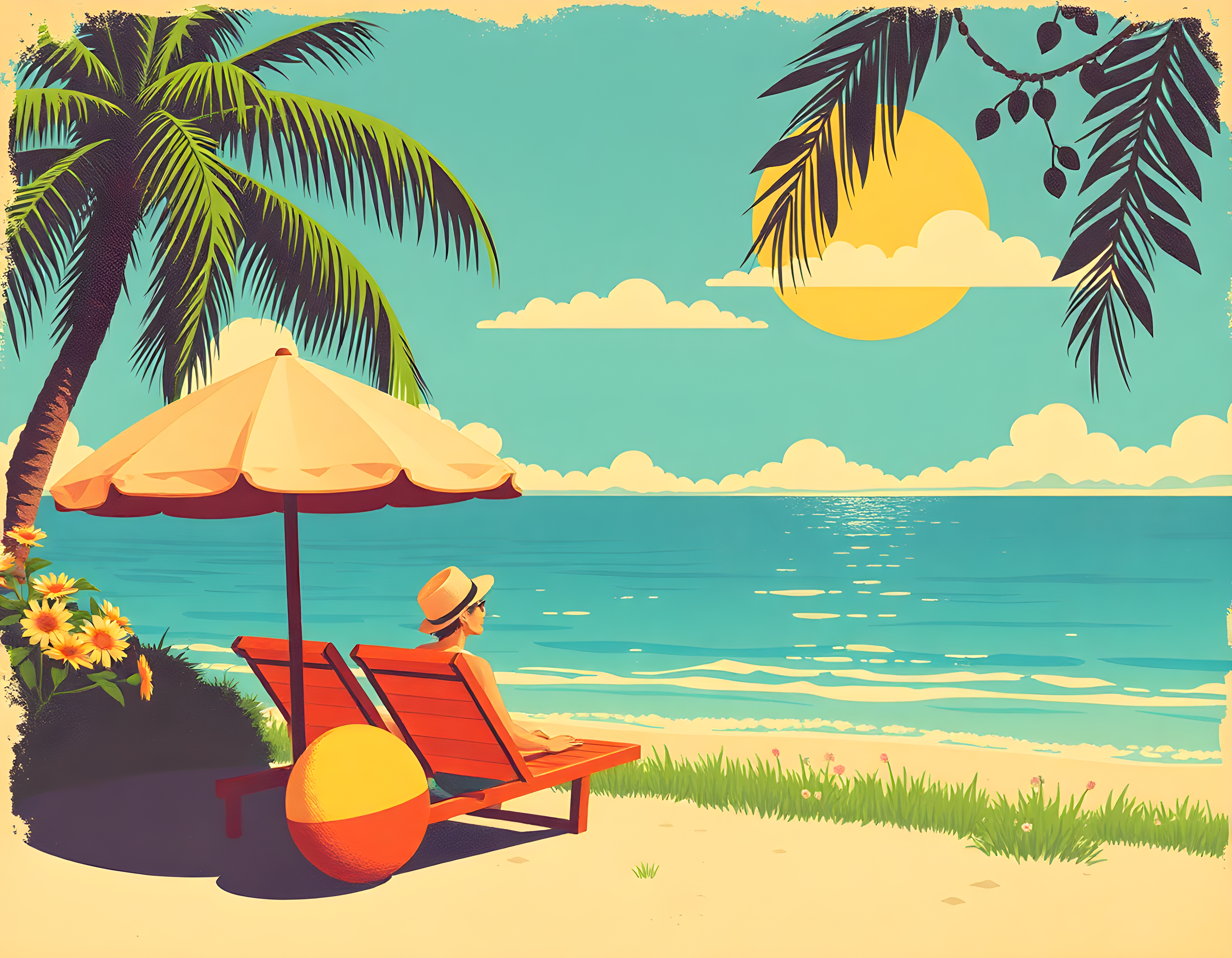 Vintage Beach Vacation Scene with Umbrella Wall Art