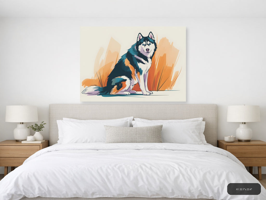 Abstract Husky Dog Portrait with Orange Brush Strokes Wall Art — A1 / Bedroom