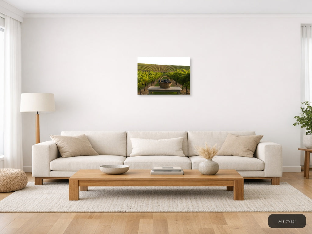 Vineyard Harvest Basket Minimalist Landscape Wall Art — A4 / Living Room