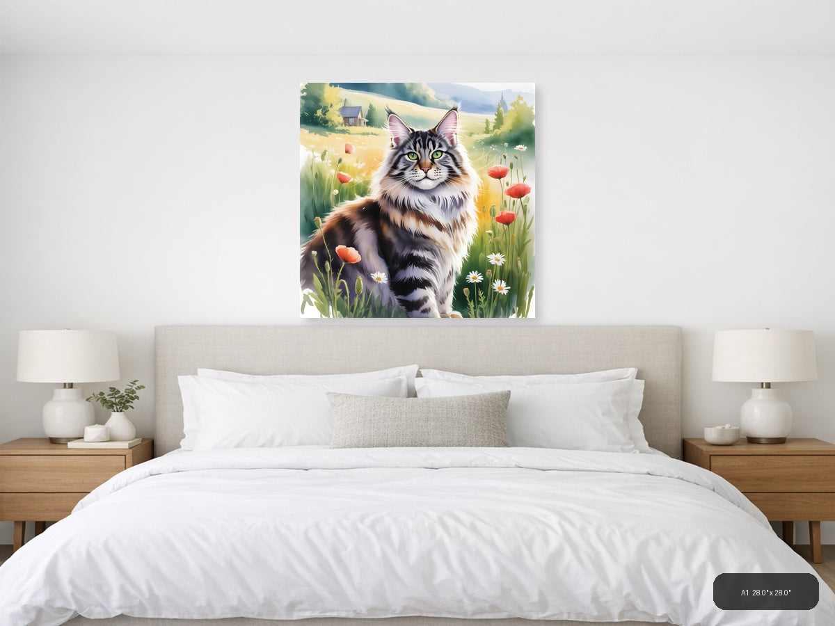Fluffy Tabby Cat in Wildflower Meadow Watercolor Wall Art — A1 / Bedroom