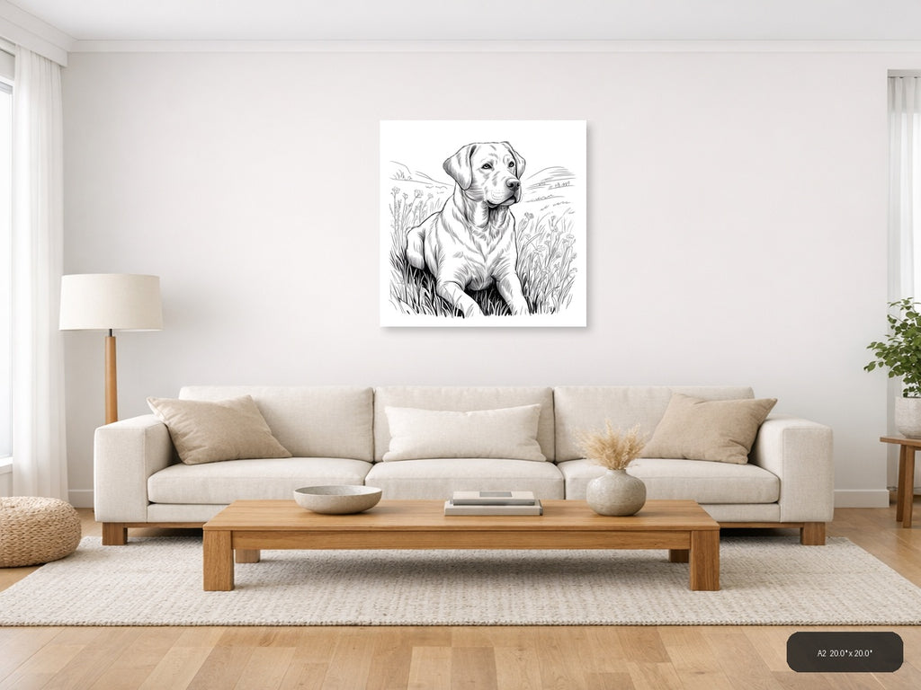 Labrador Retriever in Wildflower Field Line Art Wall Art — A2 / Living Room
