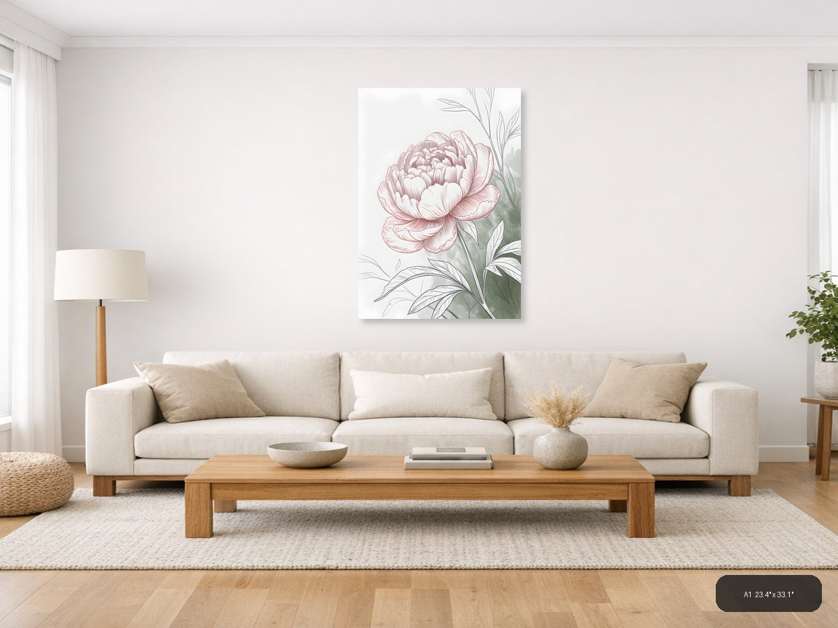 Pink Peony Line Art with Green Leaves Wall Art — A1 / Living Room