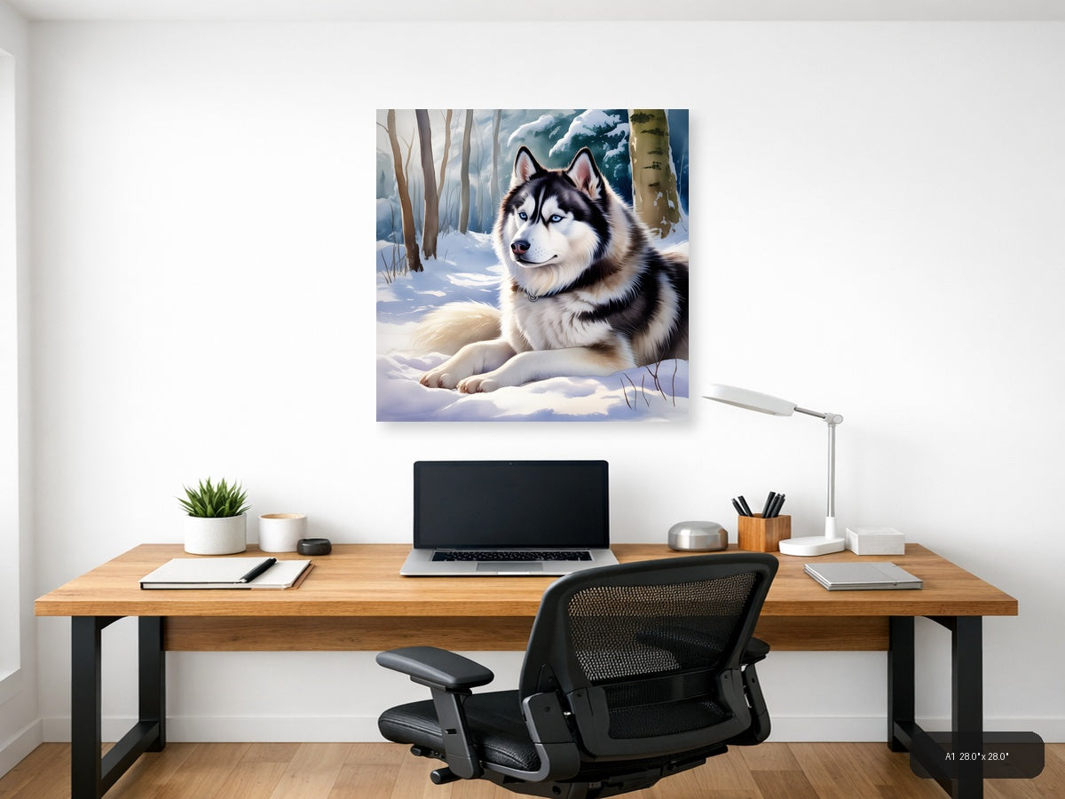 Husky in Winter Forest - Watercolor Wall Art — A1 / Office