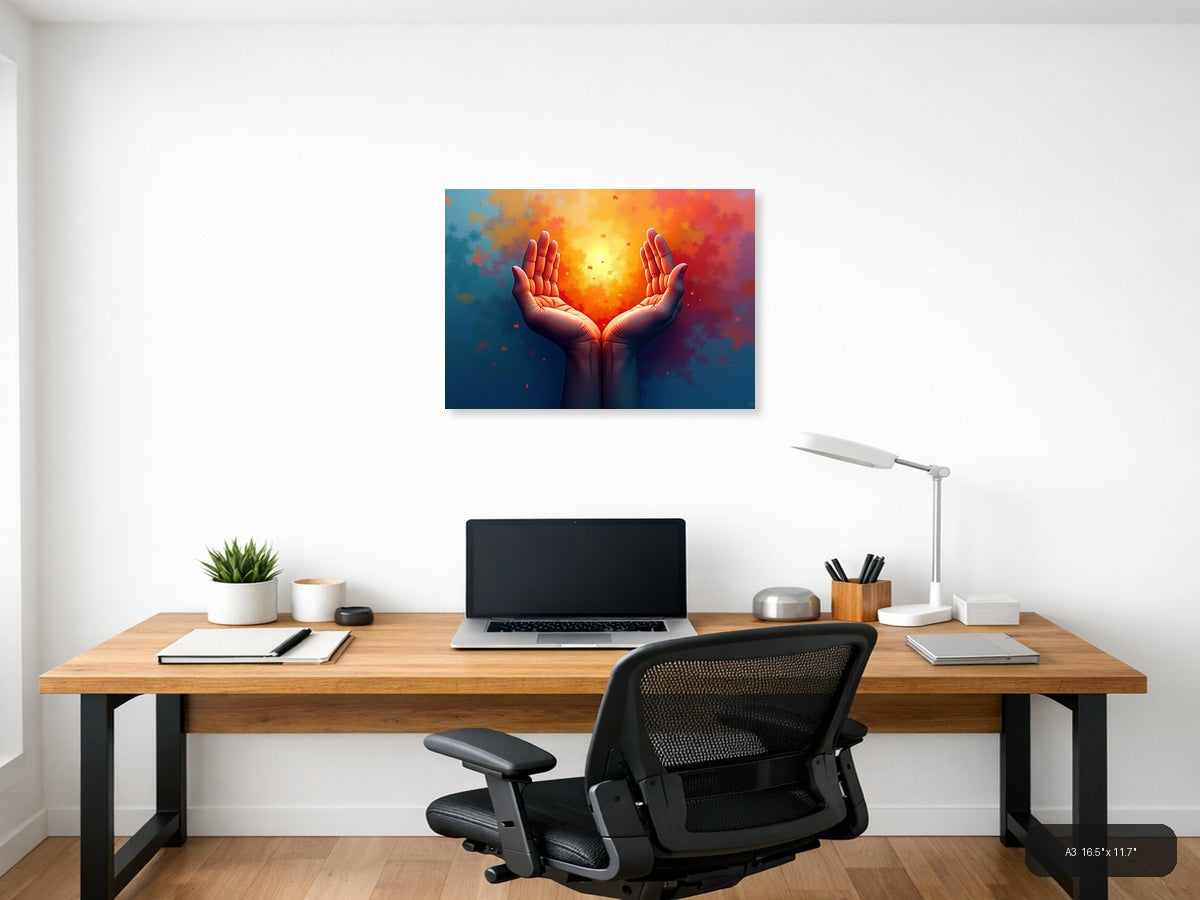 Glowing Hands Abstract Light Burst Modern Wall Art — A3 / Office