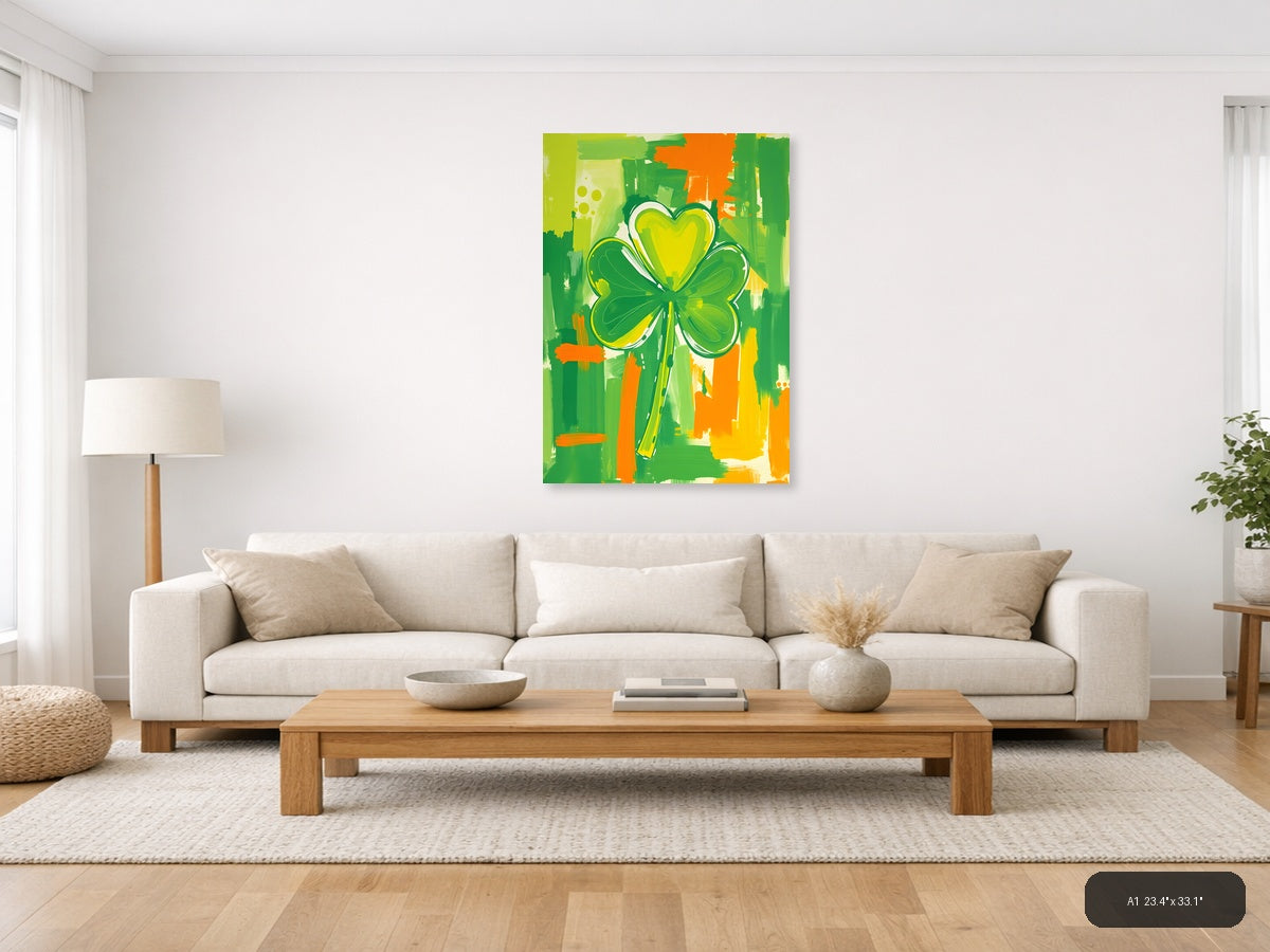 Abstract Four Leaf Clover with Heart - Green Wall Art — A1 / Living Room