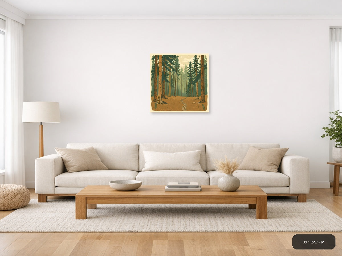 Vintage Forest Path Through Tall Pine Trees Wall Art — A3 / Living Room