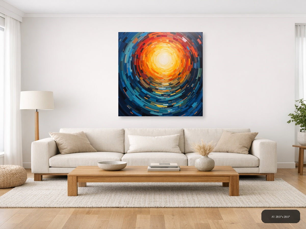 Abstract Concentric Sun Burst Orange Blue Wall Art — A1 / Living Room