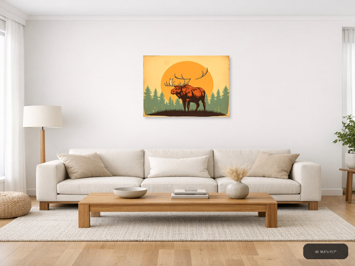 Vintage Moose Sunset Forest Silhouette Wall Art — A3 / Living Room
