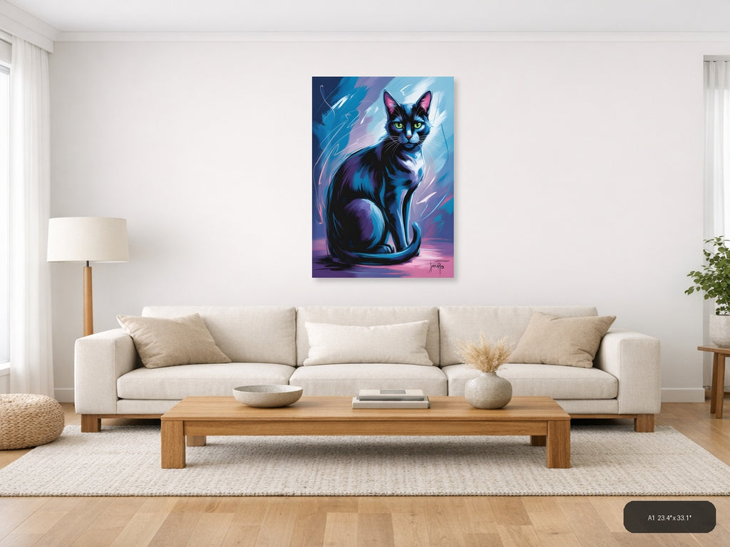 Abstract Blue Cat with Neon Eyes Portrait Wall Art — A1 / Living Room