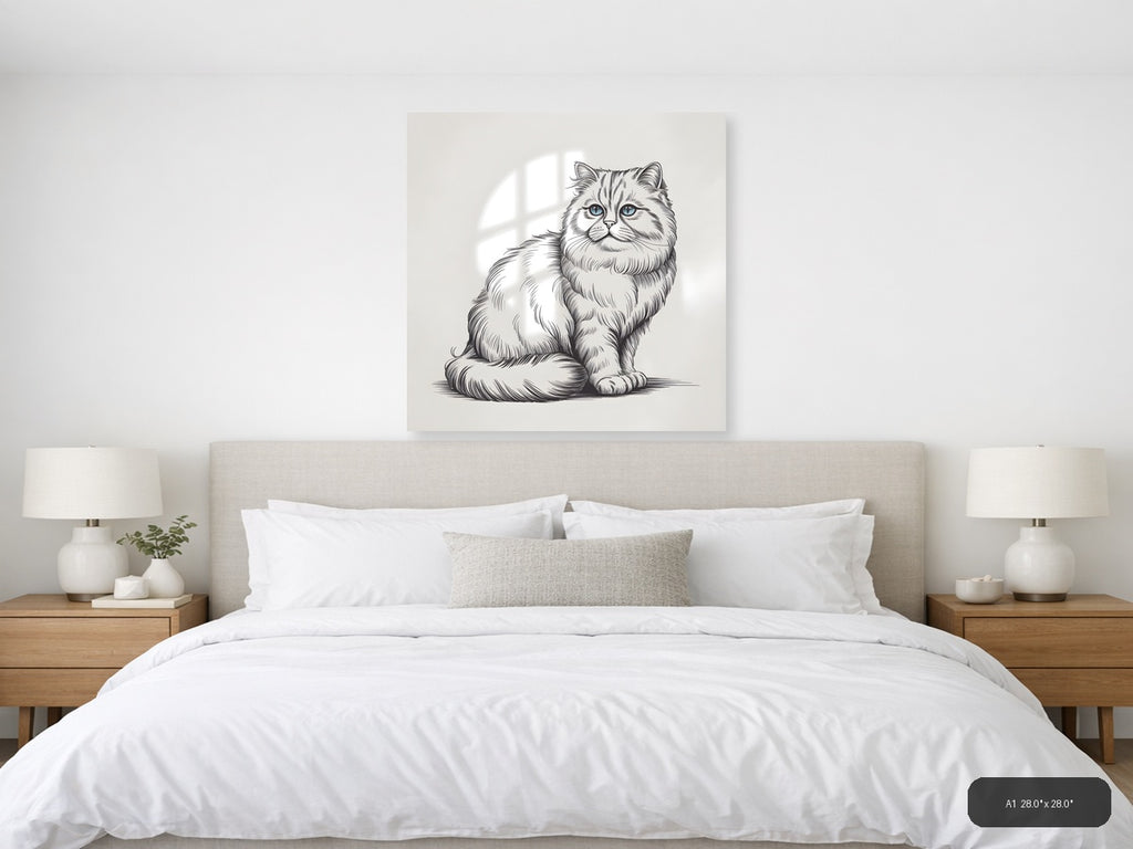 Fluffy Cat with Blue Eyes Line Art Wall Art — A1 / Bedroom