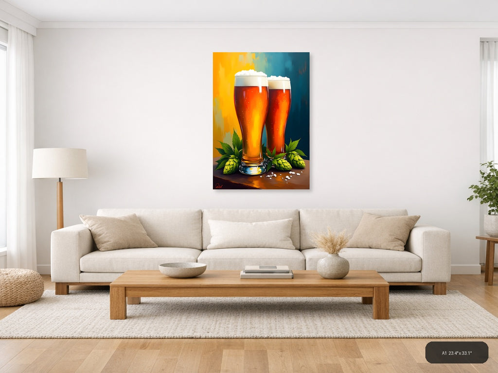 Two Beer Glasses with Hops Abstract Wall Art — A1 / Living Room