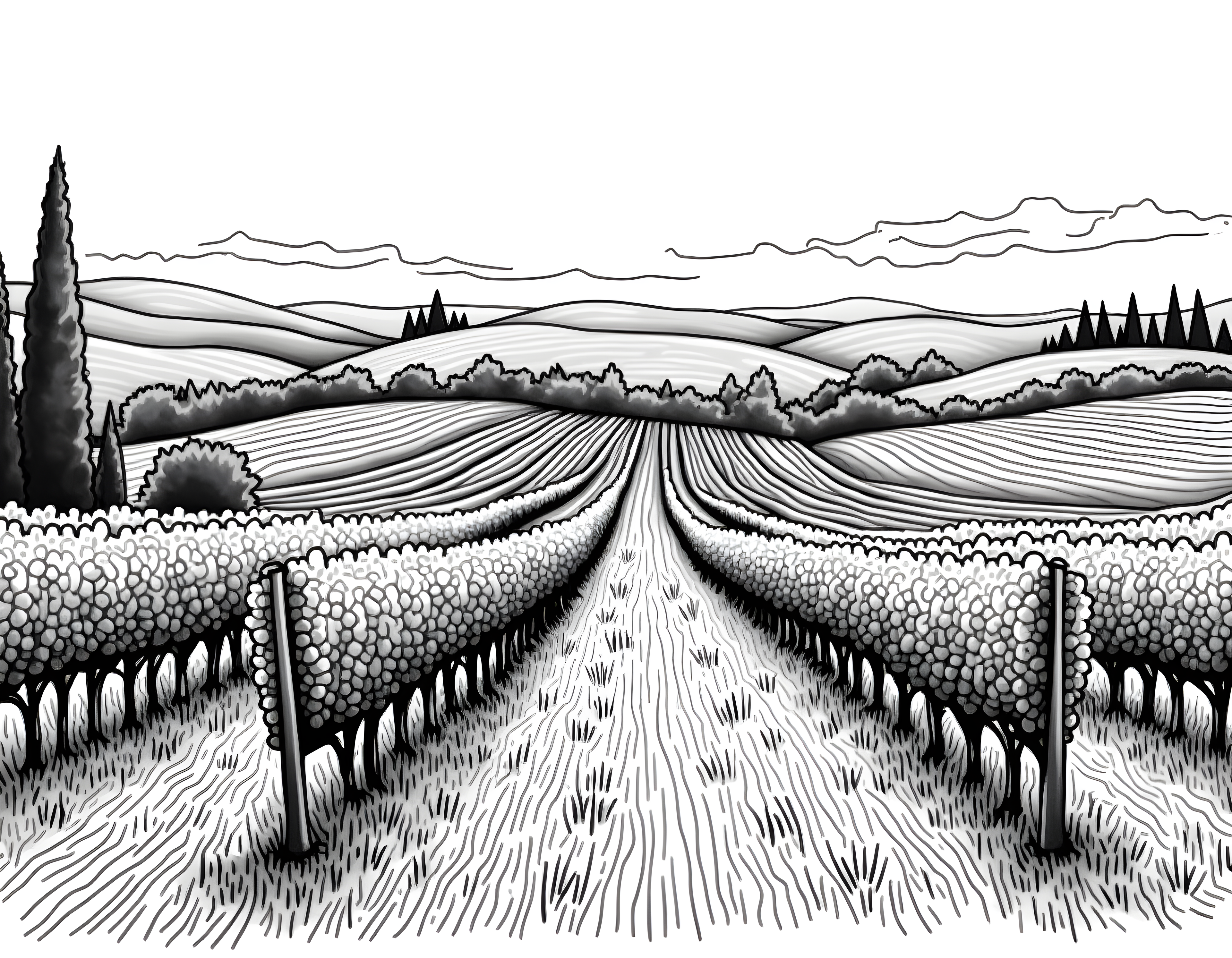 Tuscan Vineyard Landscape Line Art Wall Art