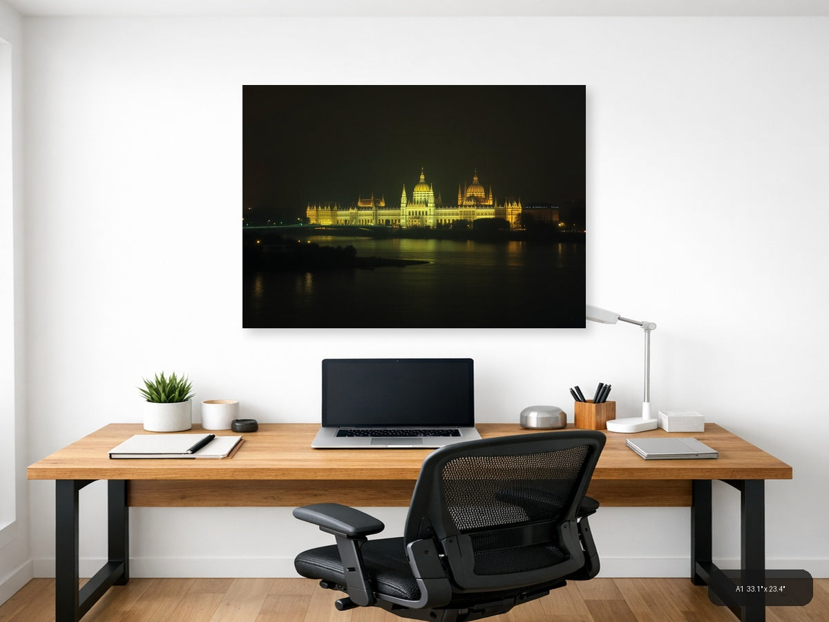 Golden Parliament Building Night Reflection | Minimalist Landscape Wall Art — A1 (Office)