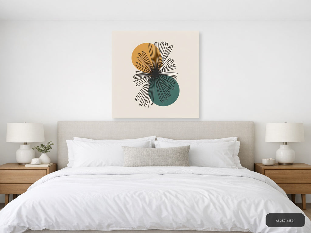 Abstract Flower Line Art with Golden & Teal Circles — A1 / Bedroom