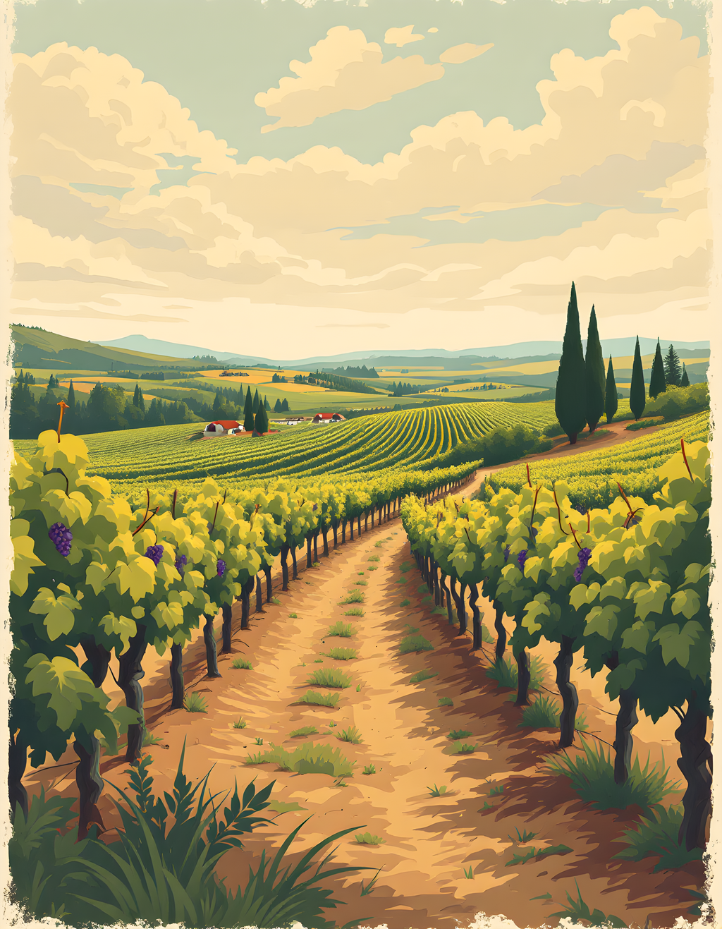 Vintage Tuscany Vineyard Landscape Wall Art