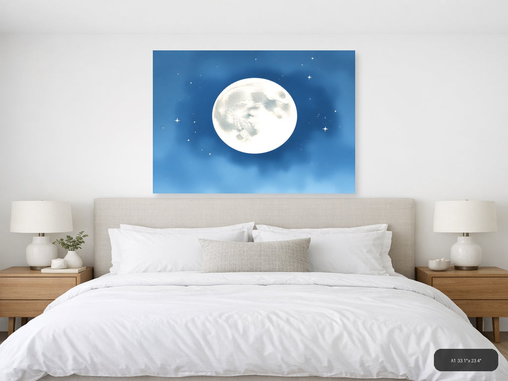 Full Moon Night Sky Watercolor Wall Art — A1 / Bedroom