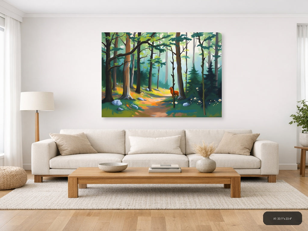 Forest Path with Red Fox - Abstract Landscape Wall Art — A1 / Living Room