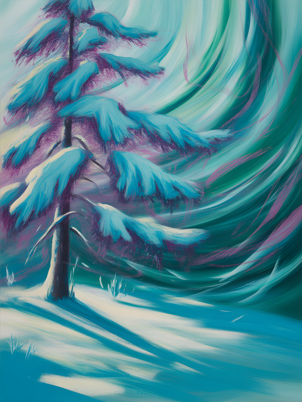 Abstract Winter Tree with Aurora Swirls Wall Art