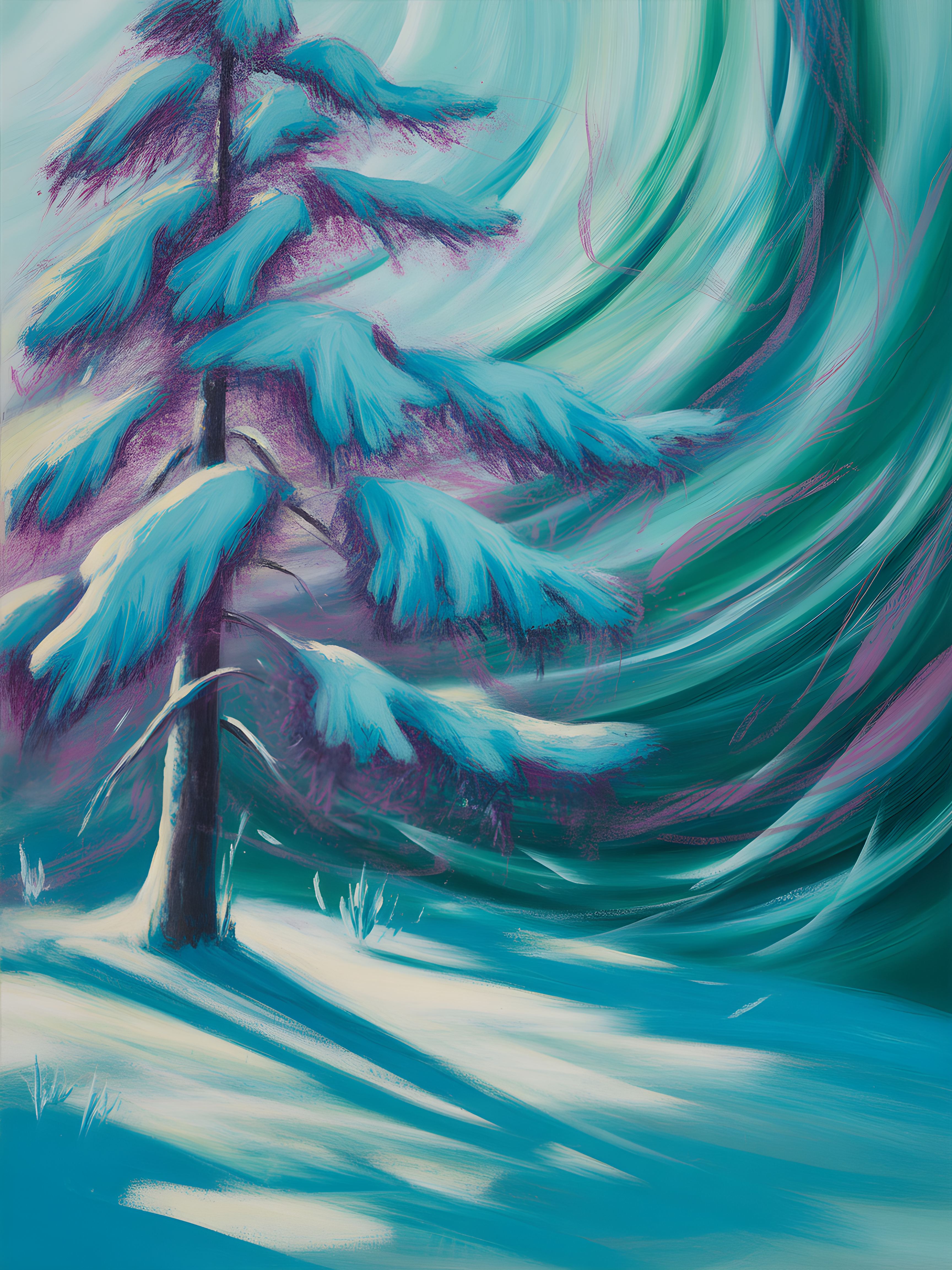 Abstract Winter Tree with Aurora Swirls Wall Art