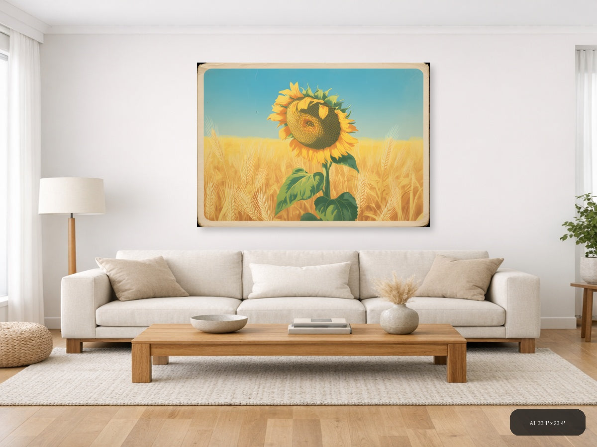 Vintage Sunflower in Wheat Field Landscape Wall Art — A1 / Living Room