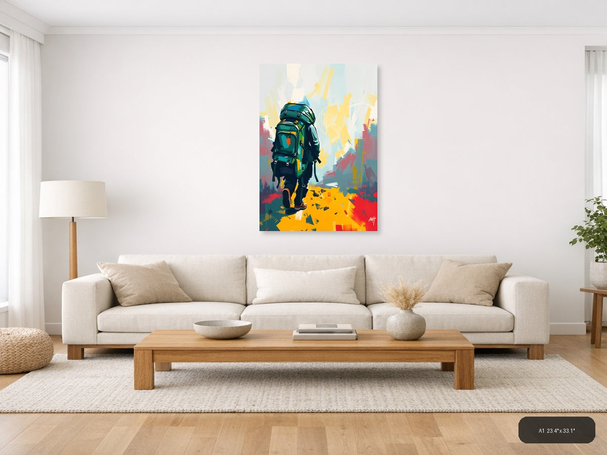 Abstract Hiker with Green Backpack Portrait Wall Art — A1 / Living Room
