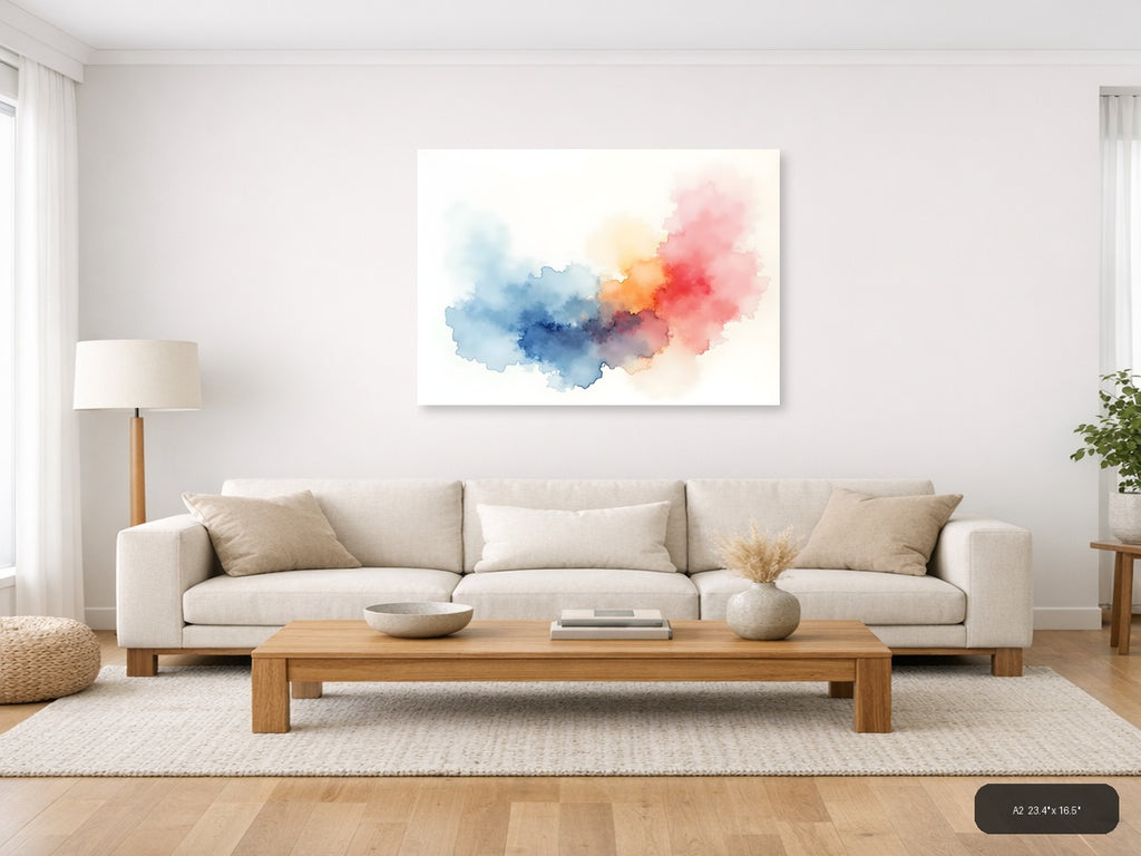 Abstract Watercolor Map China Blue Red Pink Wall Art — A2 / Living Room