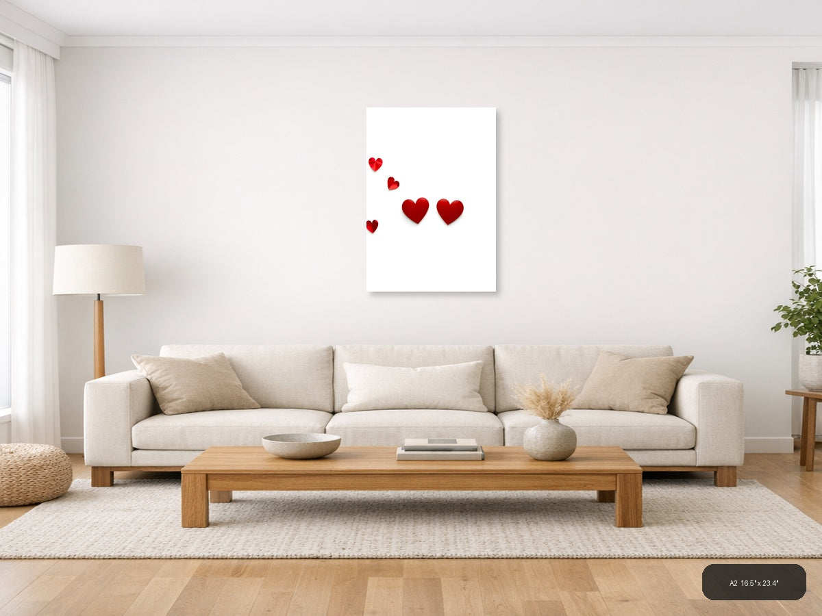 Minimalist Red Hearts Scattered Portrait Wall Art — A2 / Living Room