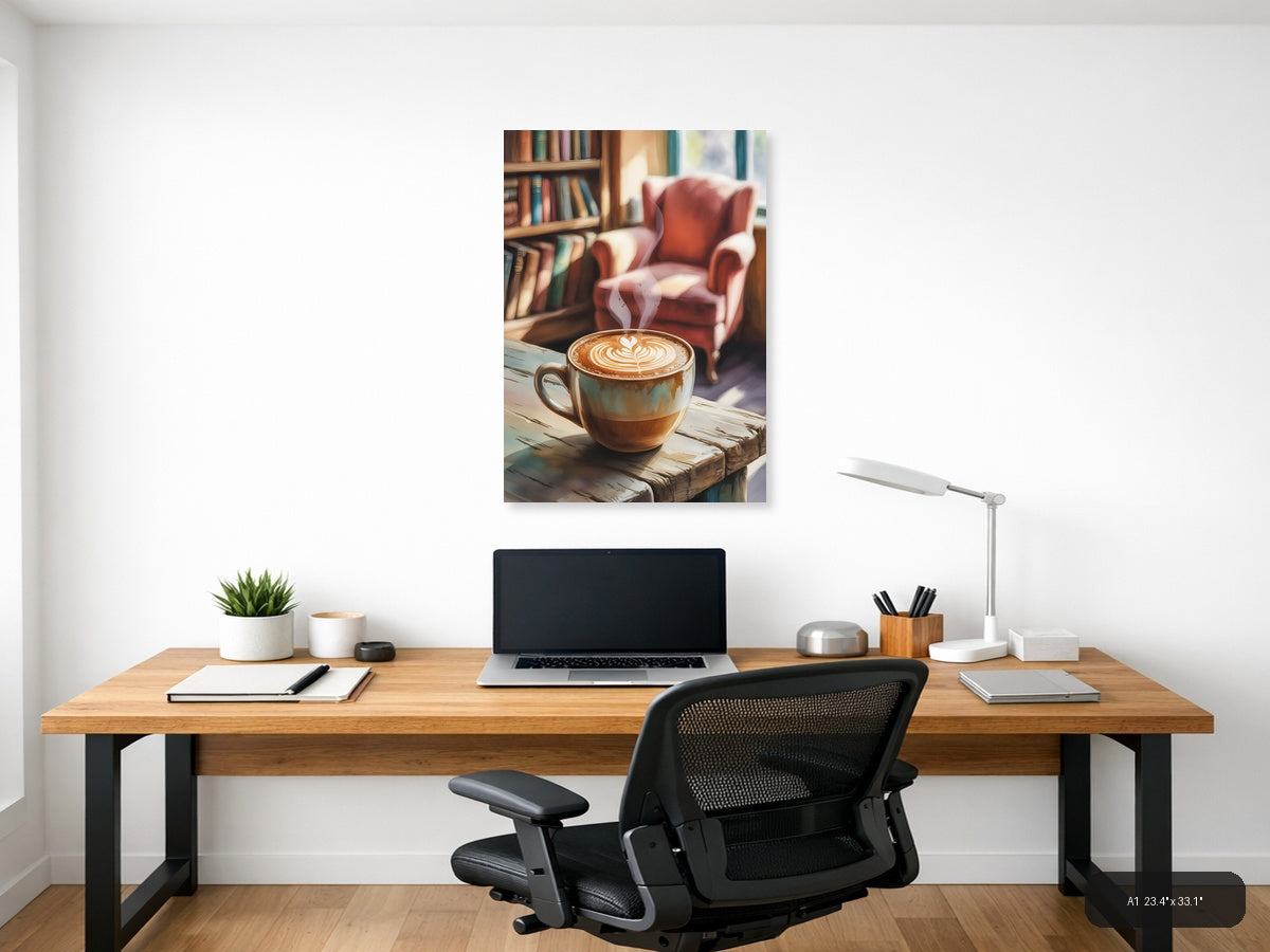 Cozy Library Latte Watercolor Wall Art — A1 / Office