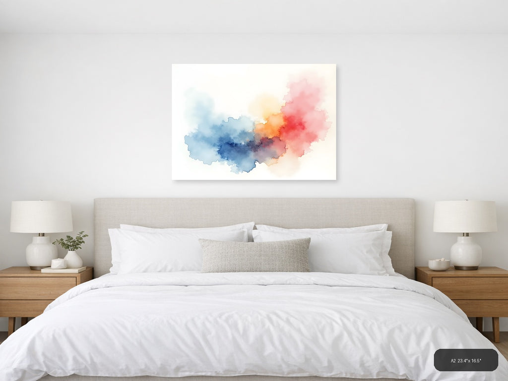 Abstract Watercolor Map China Blue Red Pink Wall Art — A2 / Bedroom